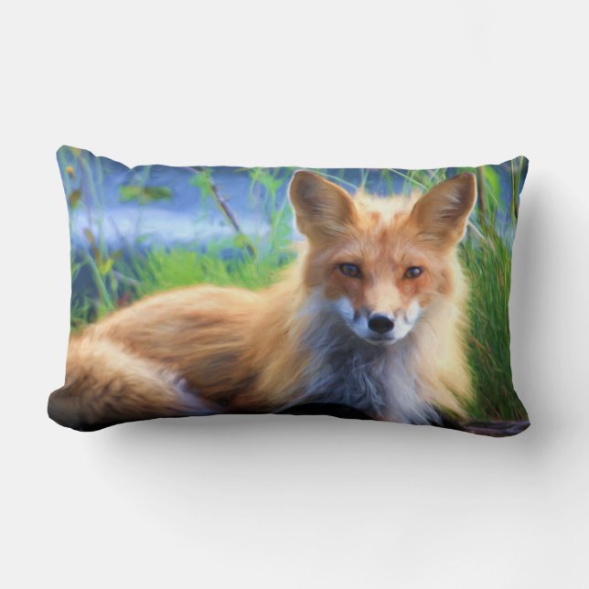 Red Fox Laying in the Grass Scenic Wildlife Lumbar Cushion (Front)