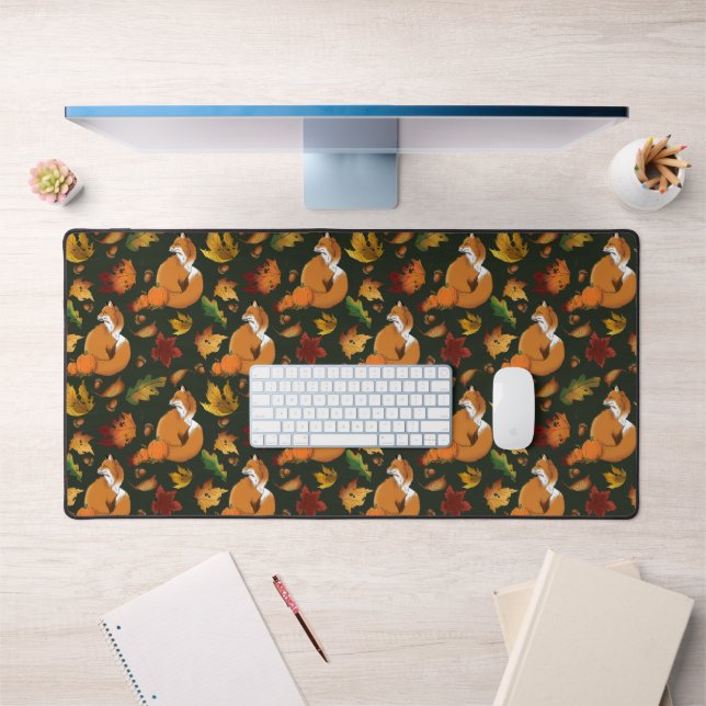 Red Fox Leaves Acorn Green Desk Mat (Office 1)