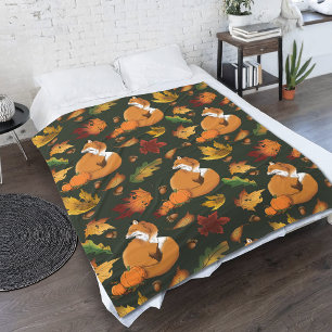 Red Fox Leaves Acorns Green Fleece Blanket