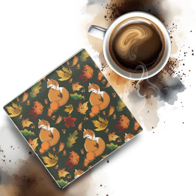 Red Fox Leaves Acorns Green Glass Coaster (Creator Uploaded)