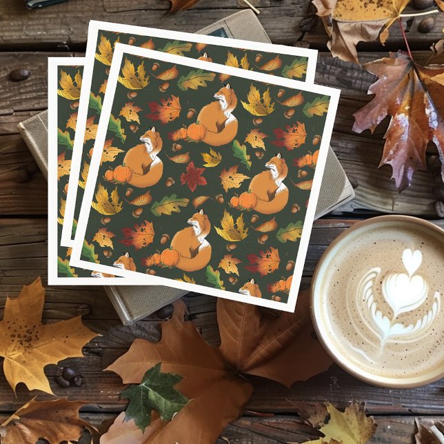 Red Fox Leaves Acorns Green Napkin (Creator Uploaded)