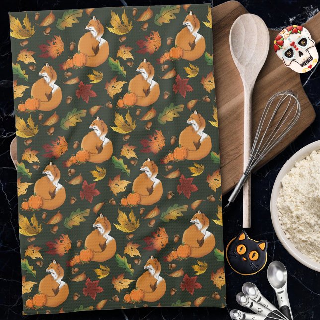 Red Fox Leaves Acorns Green Tea Towel (Creator Uploaded)