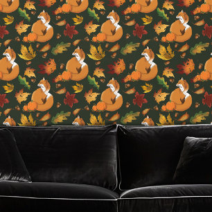 Red Fox Leaves Acorns Green Wallpaper
