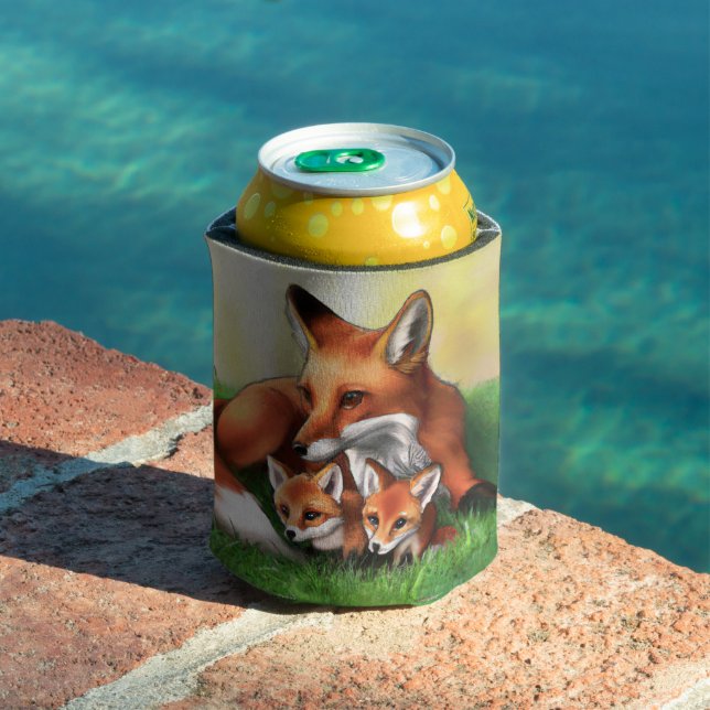 Red Fox Mother and Kits in the Grass Can Cooler (In Situ Pool)