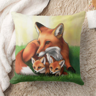 Red Fox Mother and Kits in the Grass Cushion