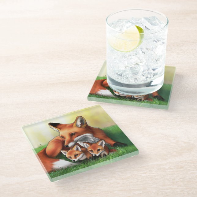 Red Fox Mother and Kits in the Grass Glass Coaster (Angled)