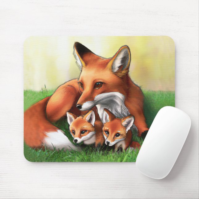 Red Fox Mother and Kits in the Grass Mouse Pad (With Mouse)