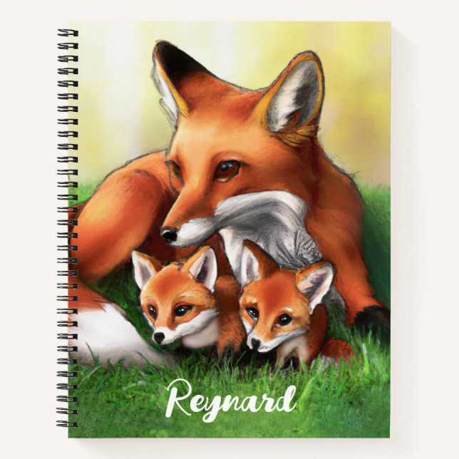 Red Fox Mother and Kits in the Grass Notebook (Front)