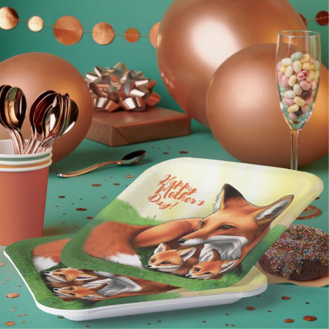 Red Fox Mother and Kits in the Grass Paper Plate (Multi)
