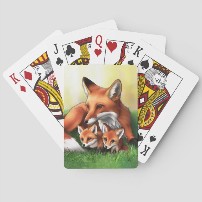 Red Fox Mother and Kits in the Grass Playing Cards (Back)
