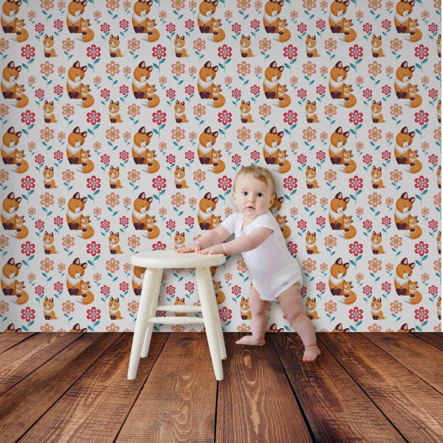 Red fox mother with baby, flowers pattern nursery wallpaper (Creator Uploaded)