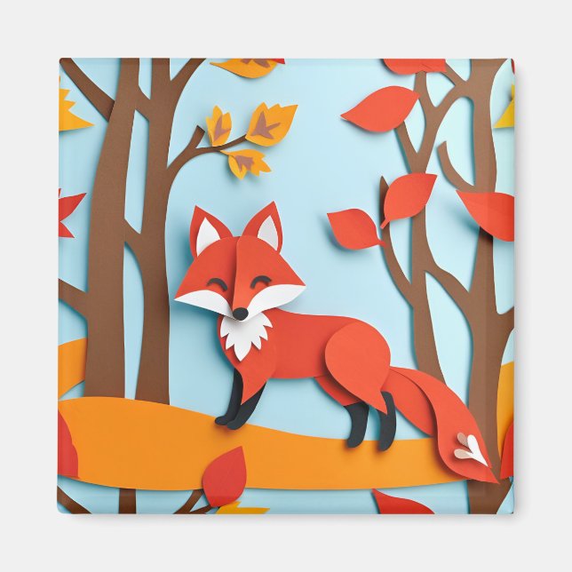 Red Fox Papercraft Effect Woodland Wildlife Magnet (Front)