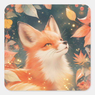 Red Fox Peeking Through Glowing Autumn Leaves Square Sticker