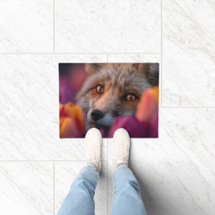 Red Fox Peeking Through Pink and Orange Tulips Doormat