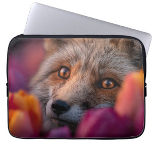 Red Fox Peeking Through Pink and Orange Tulips Laptop Sleeve
