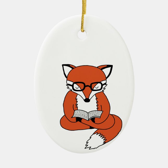 Red fox reading book ceramic ornament (Front)