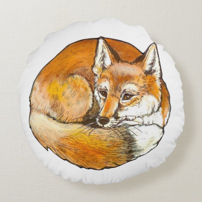 Red Fox Round Throw Pillow, Original Artwork Cushion (Back)