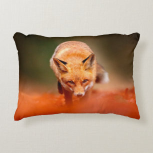 Red fox running on orange autumn leaves. Cute Red Decorative Cushion