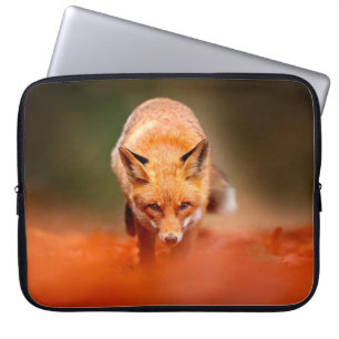 Red fox running on orange autumn leaves. Cute Red Laptop Sleeve