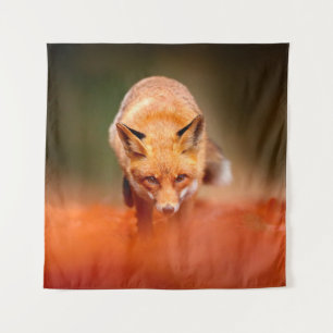 Red fox running on orange autumn leaves. Cute Red  Tapestry