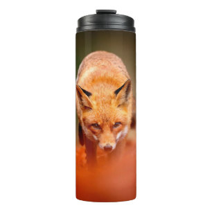 Red fox running on orange autumn leaves. Cute Red Thermal Tumbler