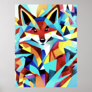 Red Fox Running Through Water Geometric Art Style Poster