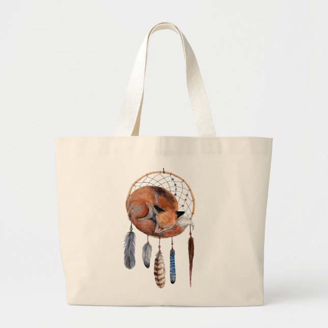 Red Fox Sleeping on Dreamcatcher Large Tote Bag (Front)