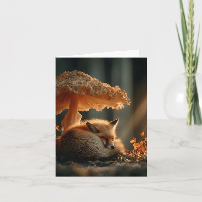 Red Fox Sleeping Under Giant Mushroom Holiday Card (Front)
