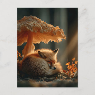 Red Fox Sleeping Under Giant Mushroom Holiday Postcard
