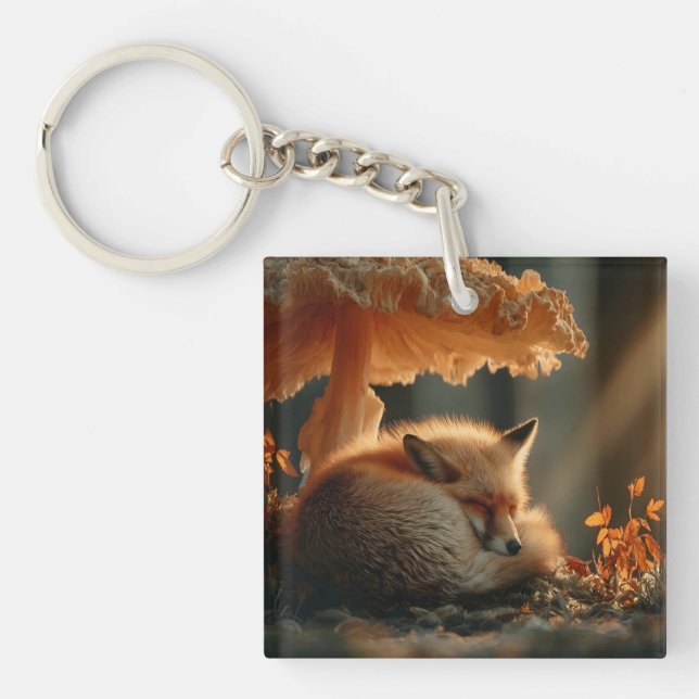 Red Fox Sleeping Under Giant Mushroom Key Ring (Front)