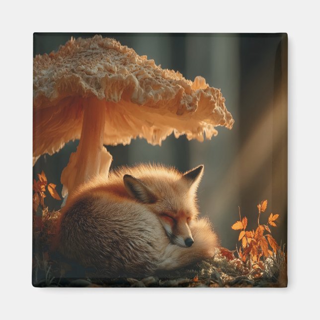Red Fox Sleeping Under Giant Mushroom Magnet (Front)