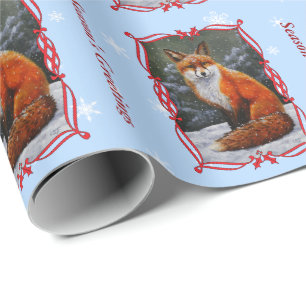 Red Fox Snow Flakes Light Blue Wrapping Paper
