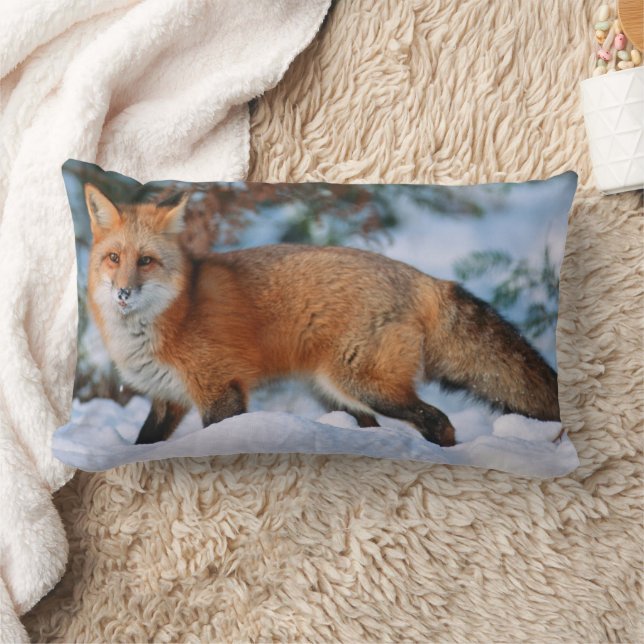 Red Fox | Snow in Winter, Montana Lumbar Cushion (Blanket)