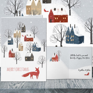 Red Fox Snowy Nordic Village Merry Christmas  Holiday Card