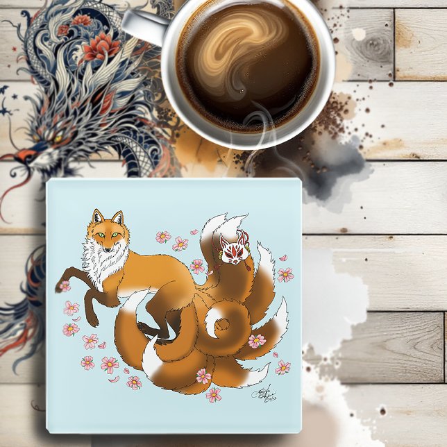 Red Fox Tails Kitsune Kasai Glass Coaster (Creator Uploaded)