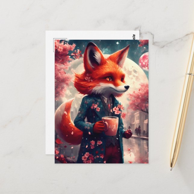 Red Fox Walking With a Coffee Cherry Blossoms Postcard (Front/Back In Situ)