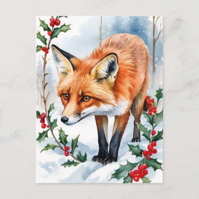 Red Fox Watercolor Christmas Postcard (Front)