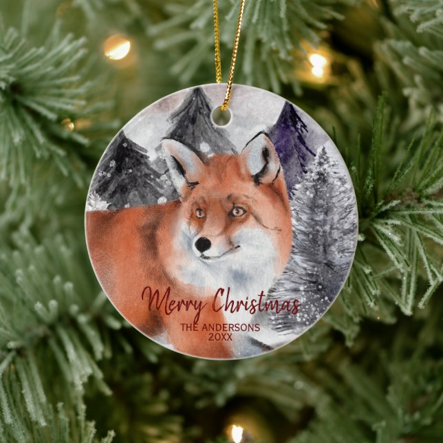 Red Fox Watercolor in Forest Christmas Ornament (Tree)