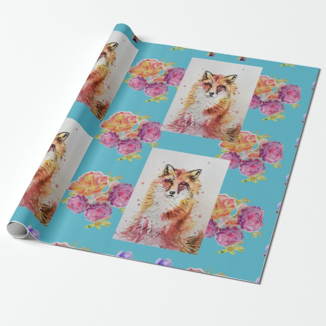 Red Fox Watercolour Woodland Teal Rose Animal Art Wrapping Paper (Unrolled)