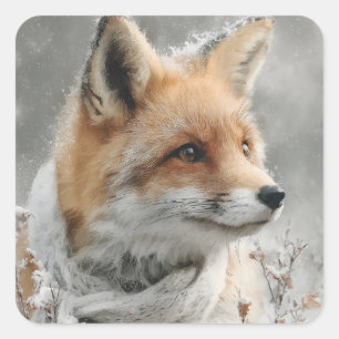 Red Fox Wearing a Knitted Scarf in a Snowy Winter Square Sticker
