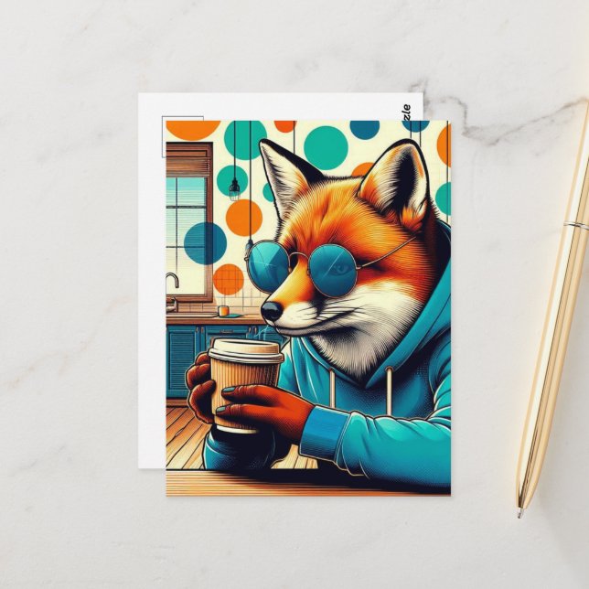 Red Fox With a Coffee Postcard (Front/Back In Situ)