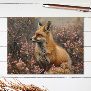 Red Fox with Pink Wildflowers Painting Postcard