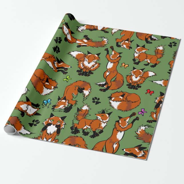 Red Fox Wrapping Paper - Choose Background Colour (Unrolled)