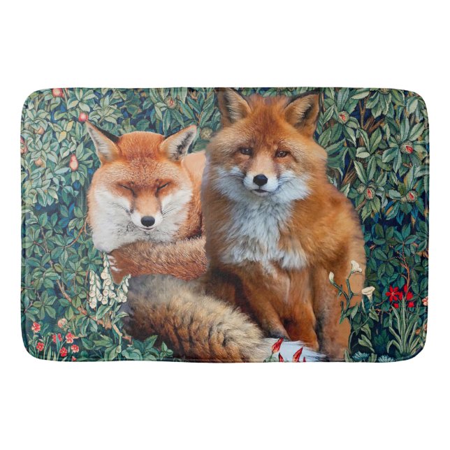 RED FOXES AMONG GREENERY, FOLIAGE AND FLOWERS BATH MAT (Front)