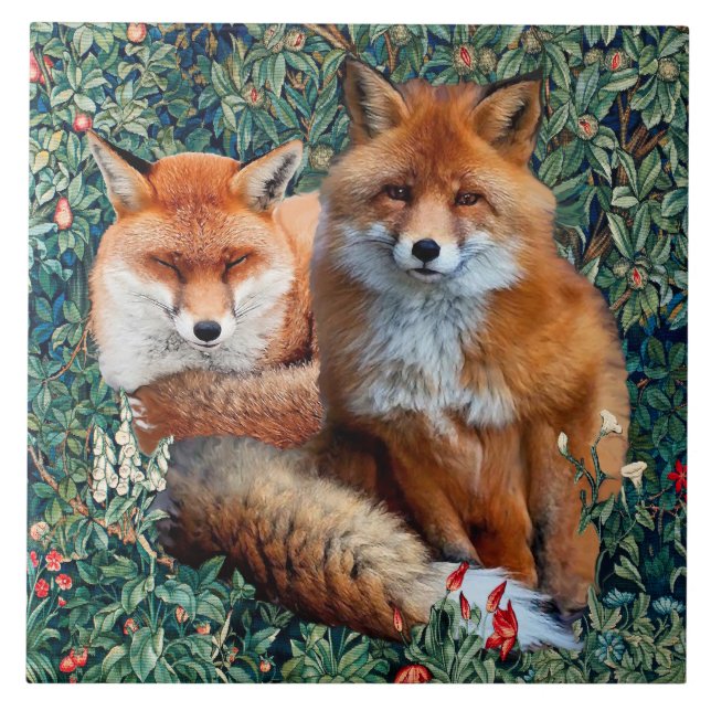 RED FOXES AMONG GREENERY, FOLIAGE AND FLOWERS  CERAMIC TILE (Front)