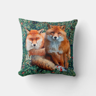 RED FOXES AMONG GREENERY, FOLIAGE AND FLOWERS CUSHION
