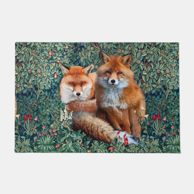RED FOXES AMONG GREENERY, FOLIAGE AND FLOWERS DOORMAT (Front)