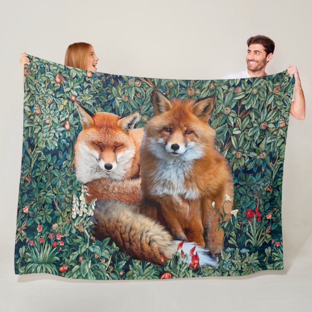 RED FOXES AMONG GREENERY, FOLIAGE AND FLOWERS FLEECE BLANKET (In Situ)