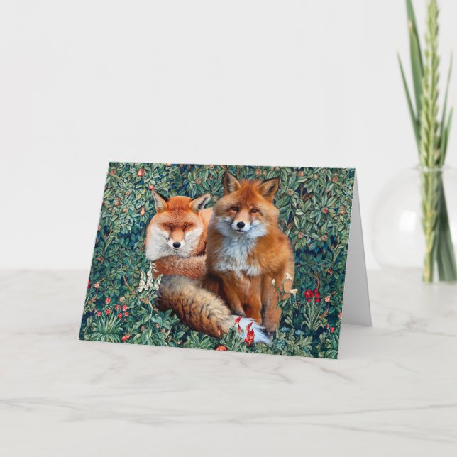 RED FOXES AMONG GREENERY, FOLIAGE AND FLOWERS HOLIDAY CARD (Front)