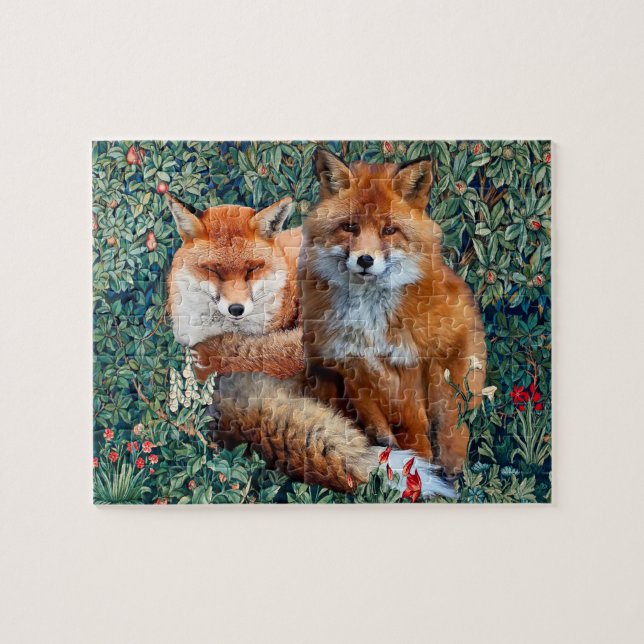 RED FOXES AMONG GREENERY, FOLIAGE AND FLOWERS JIGSAW PUZZLE (Horizontal)